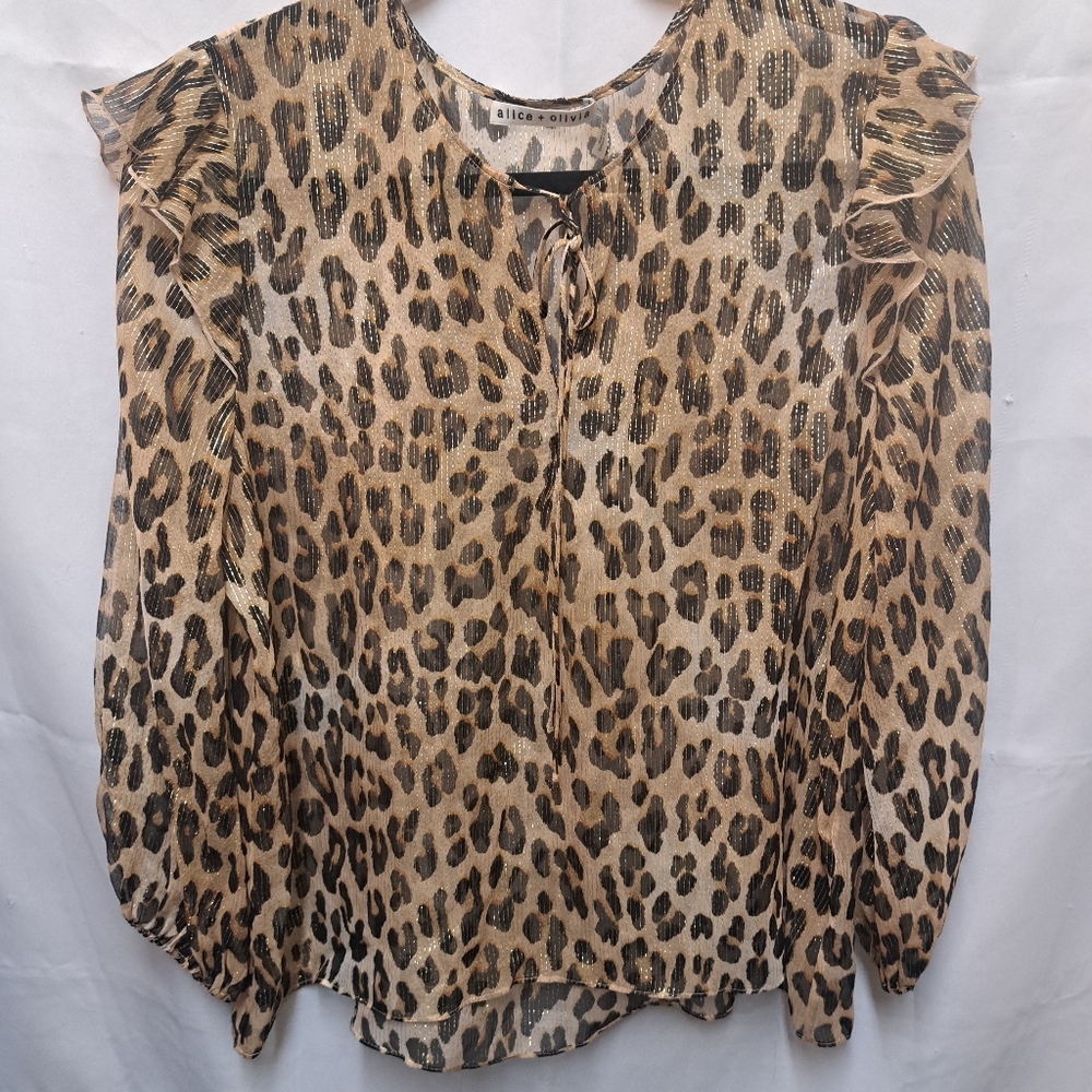 Alice Olivia Sissy Leopard Print Metallic Sheer Silk 3/4 Sleeve Blouse Sz L